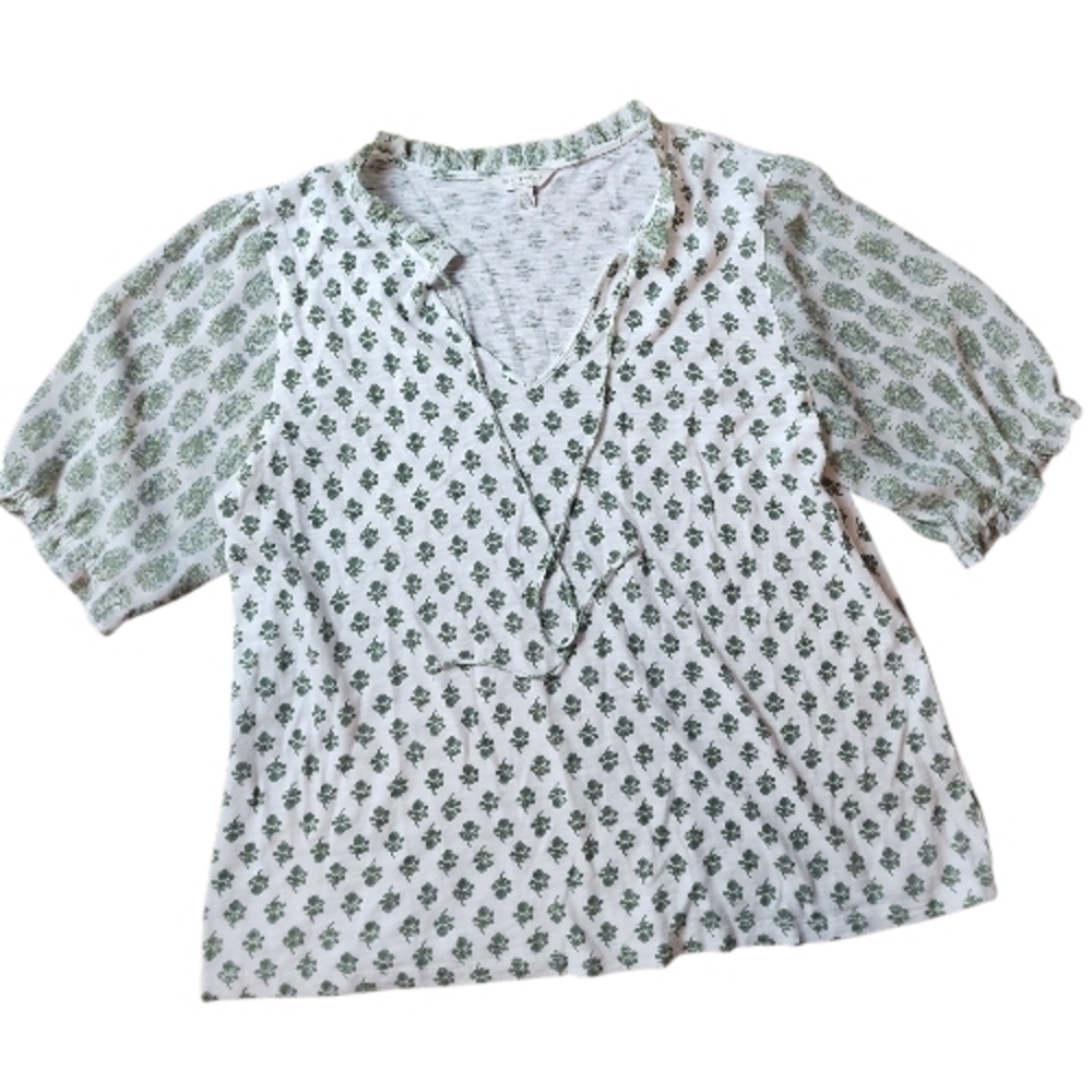 LUCKY BRAND | Green White Ditsy Floral Ruffle Tie Neck Mixed Fabric Top |‎ M - Picture 2 of 10